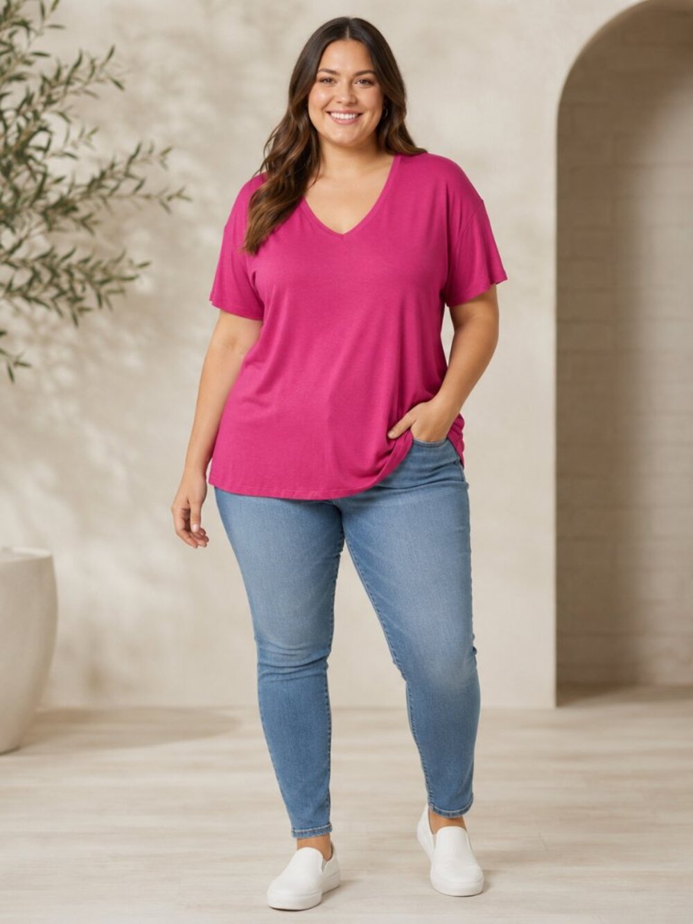 Nine West Soft Spun Pink V-Neck Tee XXL – Cozy Luxe, Quiet Luxury Essential
